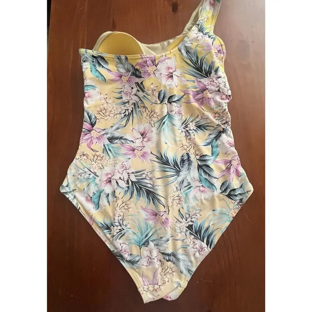 Nip Tuck Rhonda One Shoulder Swimsuit Women’s 10 Tropical Floral Ruching Padded
